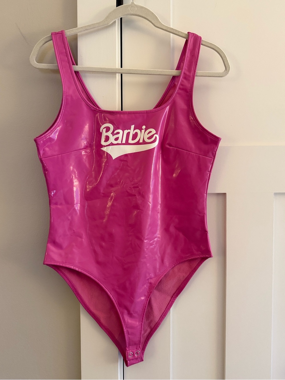 NWOT Forever 21 Barbie Bodysuit Pink Shiny Faux Patent Leather Soft lining L NEW